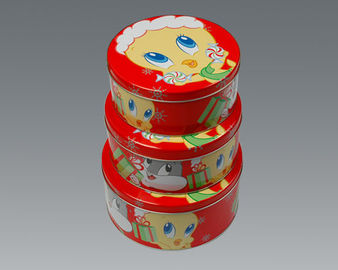 China Weihnachtsfeiertags-Metallkuchen-Zinn-Guckkastenbühne-kleine runde Behälter Dia110mm fournisseur